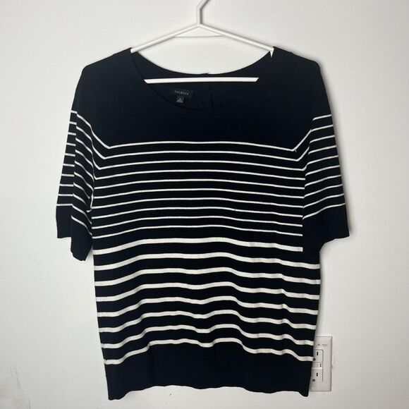 Talbots Sweater Womens Medium Black White Striped Short Sleeve Button Back - Picture 1 of 7